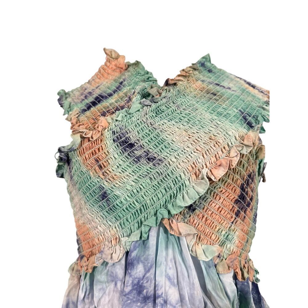AQUA Tie Dye Maxi Dress Size Small Blue Green Smocked Ruffle Boho Side Slit - Picture 3 of 7